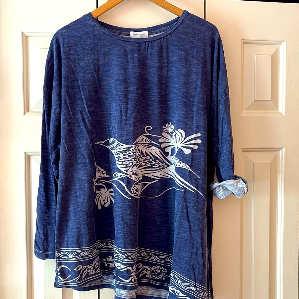NWT Krista Larson Cotton Border Bird T-Shirt!